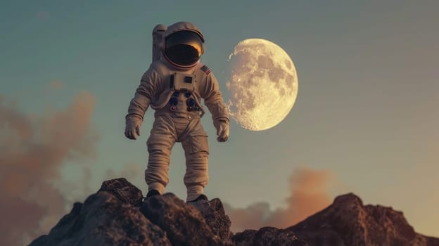 A man in a spacesuit stands on a rocky surface, Touching the moon.