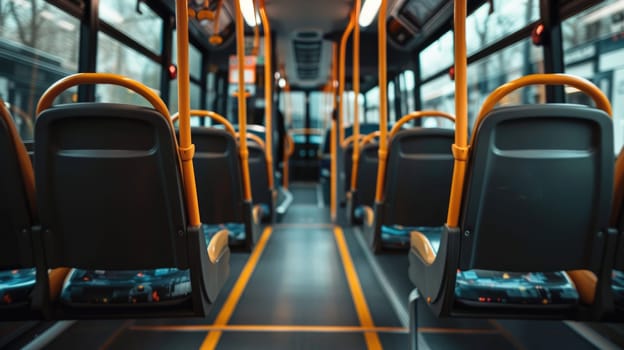 Empty seats in a clean and spacious bus interior , Bright and inviting bus interior with empty seats, Welcoming travelers.