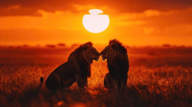 Two lions are sitting next to each other in the grass, looking at the sun.