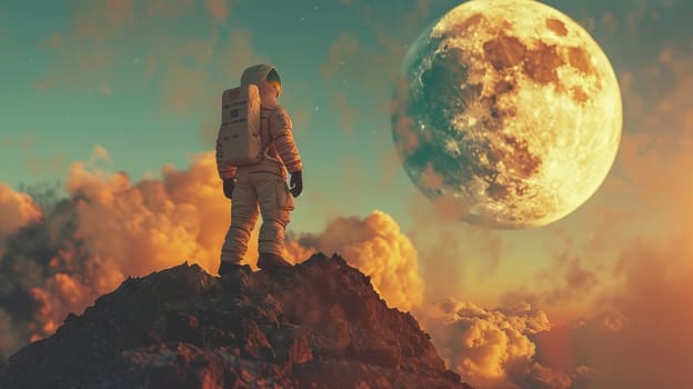 A man in a spacesuit stands on a rocky hillside, looking up at the moon.