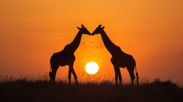 Majestic giraffes silhouetted at golden sunset in African wilderness.