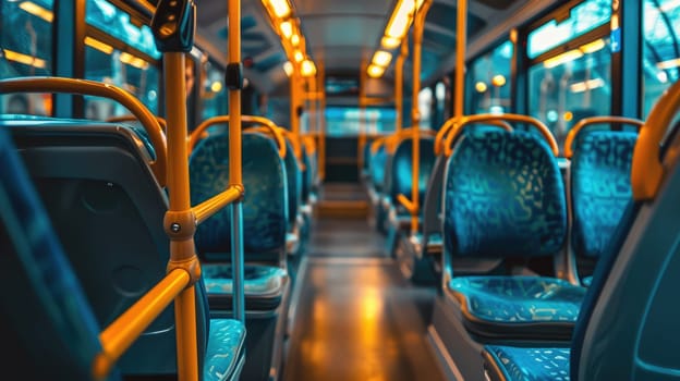 Empty seats in a clean and spacious bus interior , Bright and inviting bus interior with empty seats, Welcoming travelers.