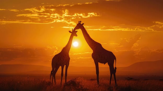 Majestic giraffes silhouetted at golden sunset in African wilderness.