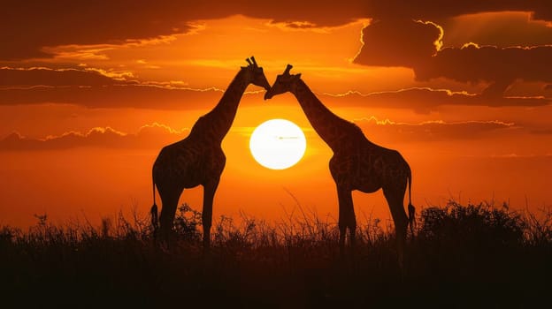 Majestic giraffes silhouetted at golden sunset in African wilderness.