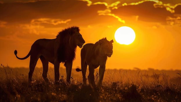 Two lions are sitting next to each other in the grass, looking at the sun.