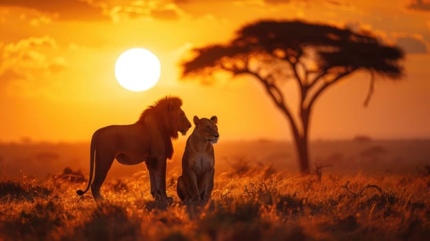 Two lions are sitting next to each other in the grass, looking at the sun.