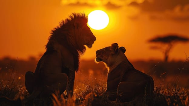 Two lions are sitting next to each other in the grass, looking at the sun. The scene is peaceful and serene, with the sun setting in the background