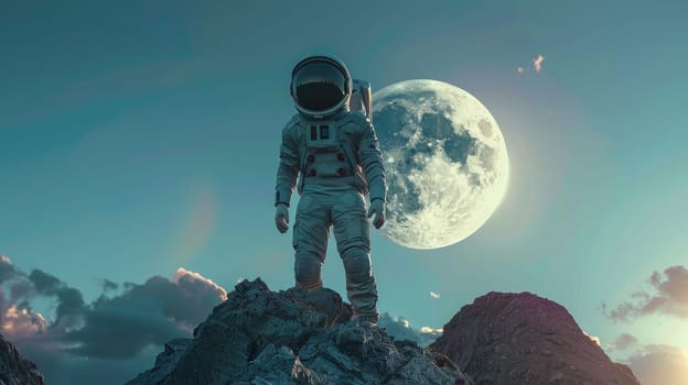 A man in a spacesuit stands on a rocky hillside, looking up at the moon. The scene is peaceful and serene, with the man's suit and the moon's glow creating a sense of wonder and awe