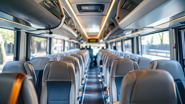 Empty seats in a clean and spacious bus interior , Bright and inviting bus interior with empty seats, Welcoming travelers.