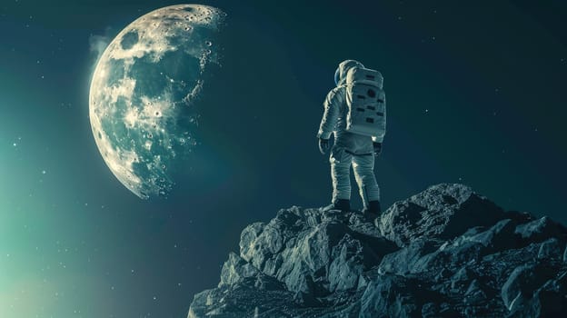 A man in a spacesuit stands on a rocky hillside, looking up at the moon.