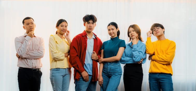 Panoramic banner young happy asian startup company employee wearing colorful casual wear stand in line together symbolize creative teamwork, job employment, HR agency recruitment. Synergic