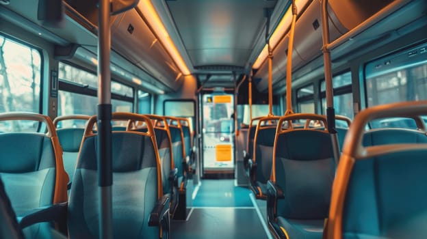 Empty seats in a clean and spacious bus interior , Bright and inviting bus interior with empty seats, Welcoming travelers.