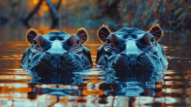 A pair of hippos partially submerged in a serene river, Hippopotamus submerged in river, Tranquil African.