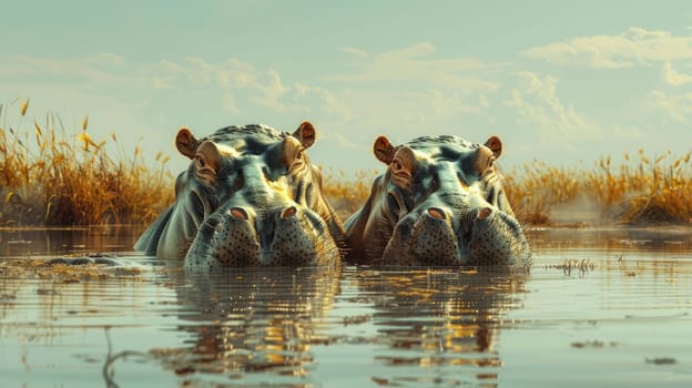 A pair of hippos partially submerged in a serene river, Hippopotamus submerged in river, Tranquil African.