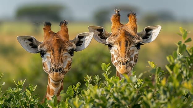 Two giraffe looking a camera in the wild.