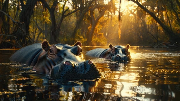 A pair of hippos partially submerged in a serene river, Hippopotamus submerged in river, Tranquil African.