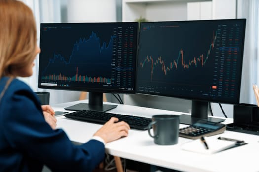 Businesswoman analyzing on dynamic stock exchange graph with business partners online website trader program application financial investment on computer at back side at home modern office. Infobahn.