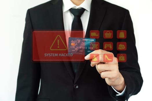 Customer watching hologram interface warn danger of credit card hacked while using cashless technology for online transaction. Smart consumer controlling device try fixing security problem. Cybercash.