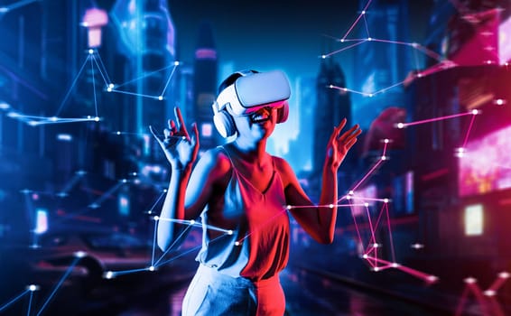 Female standing in virtual reality cyberpunk style building in meta wearing VR headset connecting metaverse, future cyberspace community technology, She enjoy dancing raising two arms. Hallucination.