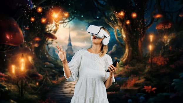 Girl wearing VR glasses while holding phone and pointing at view. Happy woman surprised while looking around to explore visual reality world or metaverse surrounded with fantasy world. Contraption.