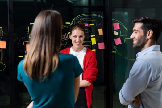 Professional businesspeople discussing,brainstorming business idea at glass wall. Group of start up team working together, planing marketing strategy or campaign. Teamwork, business plan. Tracery.