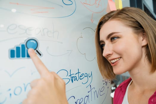 Young beautiful businesswoman putting sticker on glass board while finding a solution to solve financial problems by using mind map and colorful sticky note. Creative business concept. Immaculate.