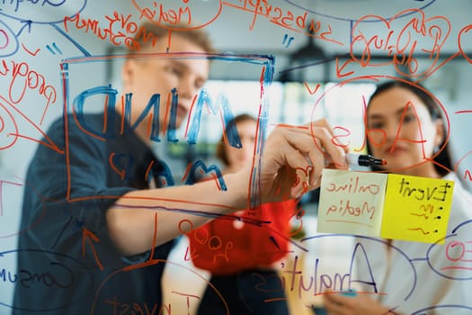 Creative business team brainstorming discussing and sharing marketing idea about start up project by using mind map colorful sticky note at glass board meeting room. Working together. Immaculate.
