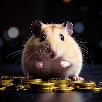 Photo of a cute hamster with coins flying and lying on the floor on a black background. An exciting game for money. Click on the furry animal and win.