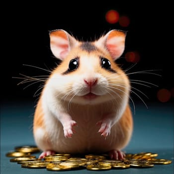 Photo of a cute hamster with coins flying and lying on the floor on a black background. An exciting game for money. Click on the furry animal and win.