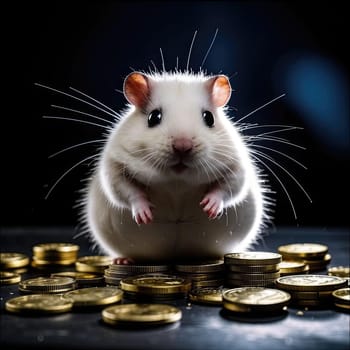 Photo of a cute hamster with coins flying and lying on the floor on a black background. An exciting game for money. Click on the furry animal and win.