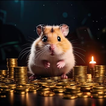 Photo of a cute hamster with coins flying and lying on the floor on a black background. An exciting game for money. Click on the furry animal and win.