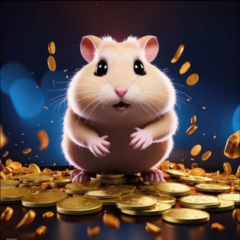 Photo of a cute hamster with coins flying and lying on the floor on a black background. An exciting game for money. Click on the furry animal and win.