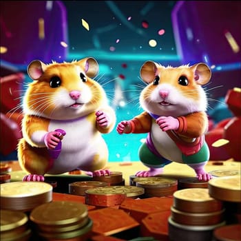 Photo of a cute hamster with coins flying and lying on the floor on a black background. An exciting game for money. Click on the furry animal and win.