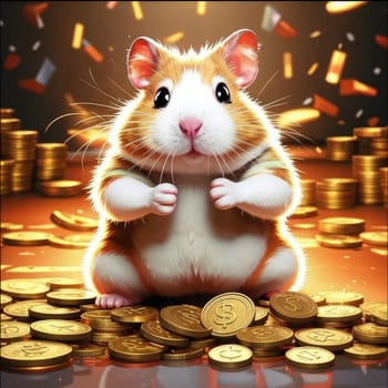 Photo of a cute hamster with coins flying and lying on the floor on a black background. An exciting game for money. Click on the furry animal and win.