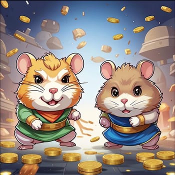 Illustration of a cute hamster with coins flying and lying on the floor on a black background. An exciting game for money. Click on the furry animal and win.