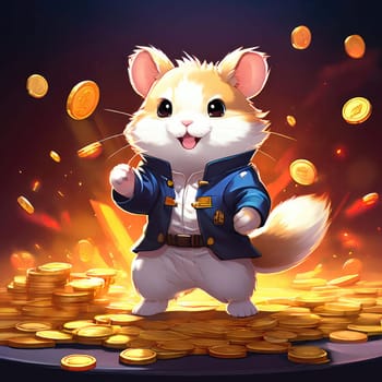 Illustration of a cute hamster with coins flying and lying on the floor on a black background. An exciting game for money. Click on the furry animal and win.