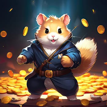 Illustration of a cute hamster with coins flying and lying on the floor on a black background. An exciting game for money. Click on the furry animal and win.