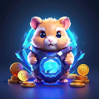 Illustration of a cute hamster with coins flying and lying on the floor on a black background. An exciting game for money. Click on the furry animal and win.