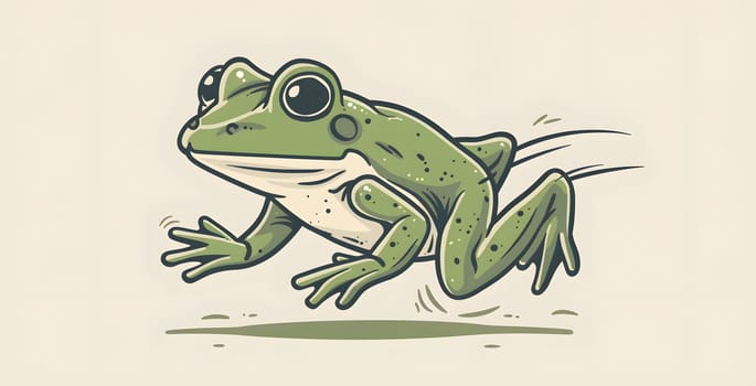 A Vertebrate amphibian, the green Frog, resembling a True frog, is depicted running on a white background in a Creative arts painting using Art paint