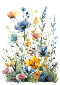 An elegant watercolor illustration showcasing a beautiful bunch of flowers on a pristine white background, highlighting the intricate details of each petal and plant with creative artistry