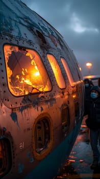 A man, wearing a mask, stands next to a plane with a broken window. The vehicles hood, tire, and exterior are visible against the sky backdrop