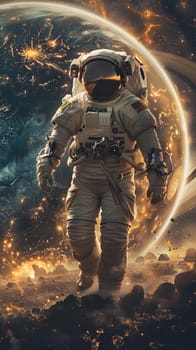 Astronaut wearing a helmet and sleeve stands in front of a dark planet in space, surrounded by a circle pattern of astronomical objects