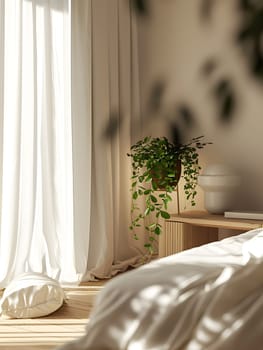 A bedroom with a bed, a potted plant, and a window with hardwood flooring. Interior design elements include tints and shades for added comfort