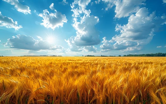 A vast field of wheat under the sun, with rays shining through fluffy cumulus clouds. The natural landscape is filled with green plants and grass, creating a picturesque agricultural scene