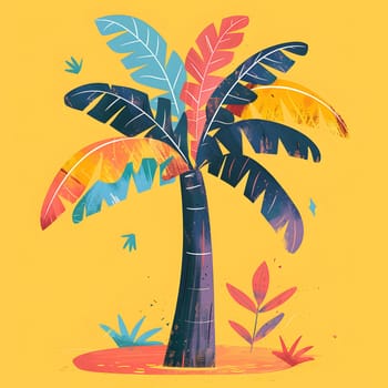 A vibrant palm tree, a flowering plant from the genus Arecales, is depicted with colorful leaves against a sunny yellow background in this art painting