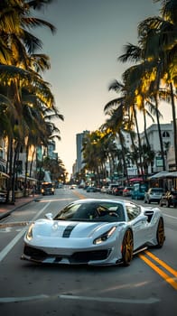A white sports car with sleek automotive lighting is cruising down an urban street lined with palm trees, under a clear blue sky