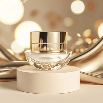 Face cream in a glass jar on a white and gold background. Skin care concept. Backdrop for beauty cosmetic products