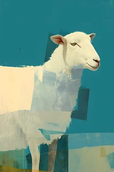An illustration of a white sheep in front of a blue background, painted with acrylic. The terrestrial animal has a fluffy white coat and a curious snout, resembling livestock like goats