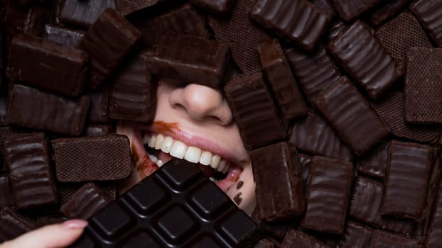 The face of a caucasian woman surrounded by chocolates. The girl eats a bar of chocolate