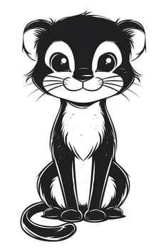 A cartoon black and white drawing of a cat sitting down, with detailed head, eye, jaw, whiskers, and snout. The gesture and art style resemble a painting